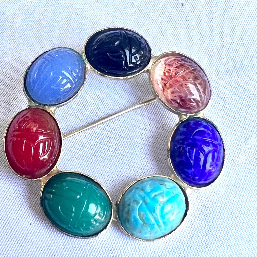 Vintage Scarab Brooch Silver Tone Semi Precious Stones Egyptian Revival Jewelry